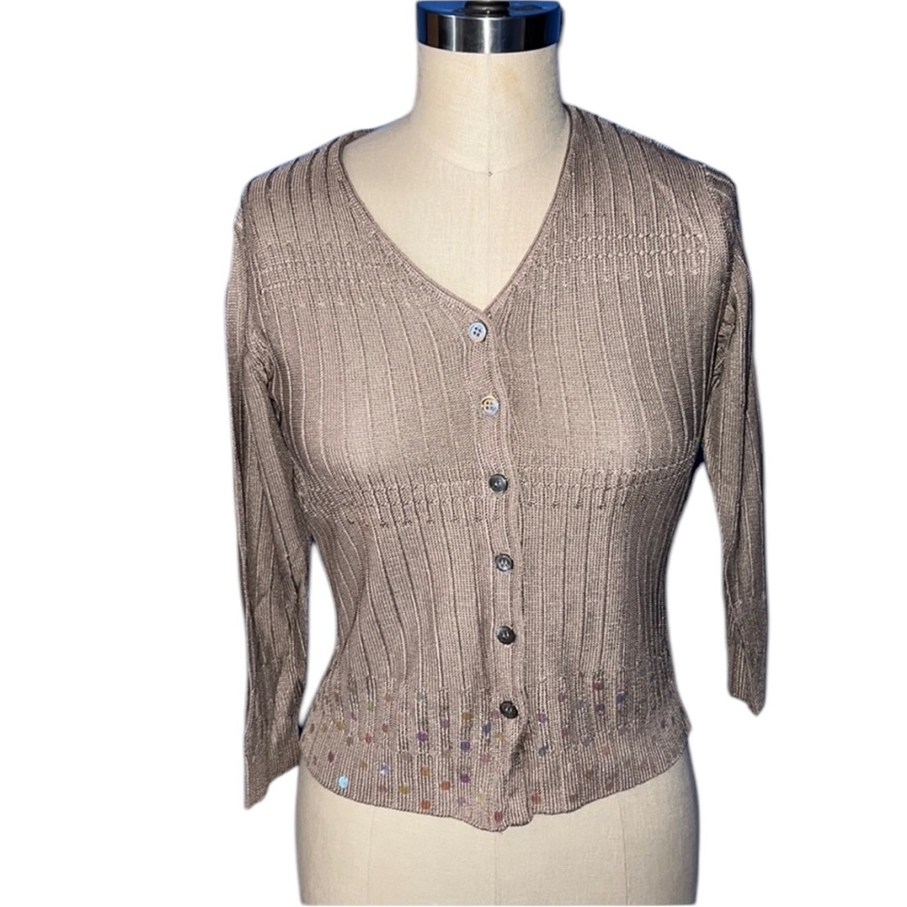 Ballinger Gold Tan Cardigan with V-Neck and Ribbed Texture Embellished Small